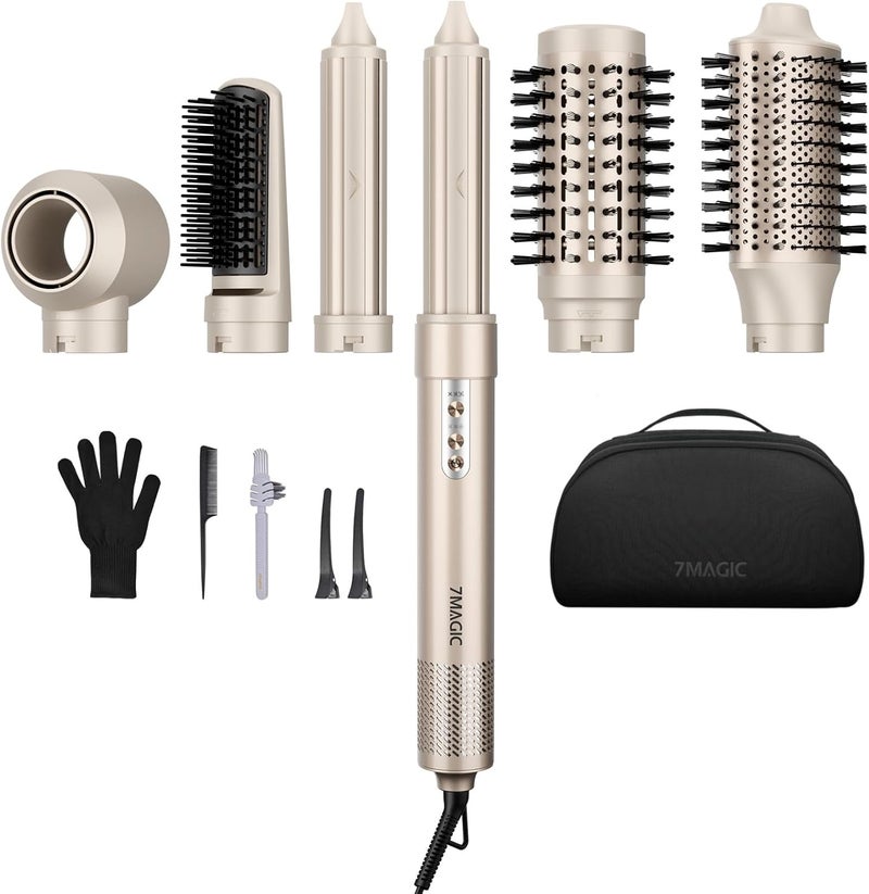 7MAGIC 6 in 1 Multi Hair Styler Dryer Brush, 110,000 RPM High-Speed, Negative Ionic, Fast Drying for Professional Blow Dry, Curling, Volumizing, Straightening and Styling, Gold - Image 1